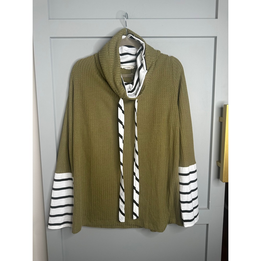 ANDTHEWHY 2X Cowl Neck Striped Olive Green Waffle Knit Pullover‎ Top Blouse